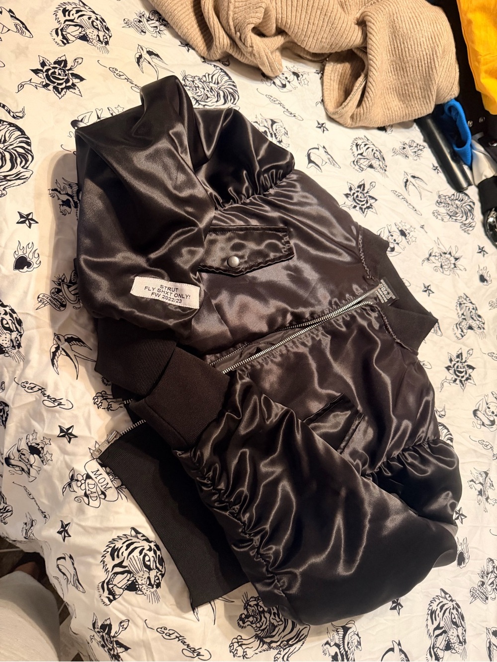 Strut! Black Satin Bomber Jacket